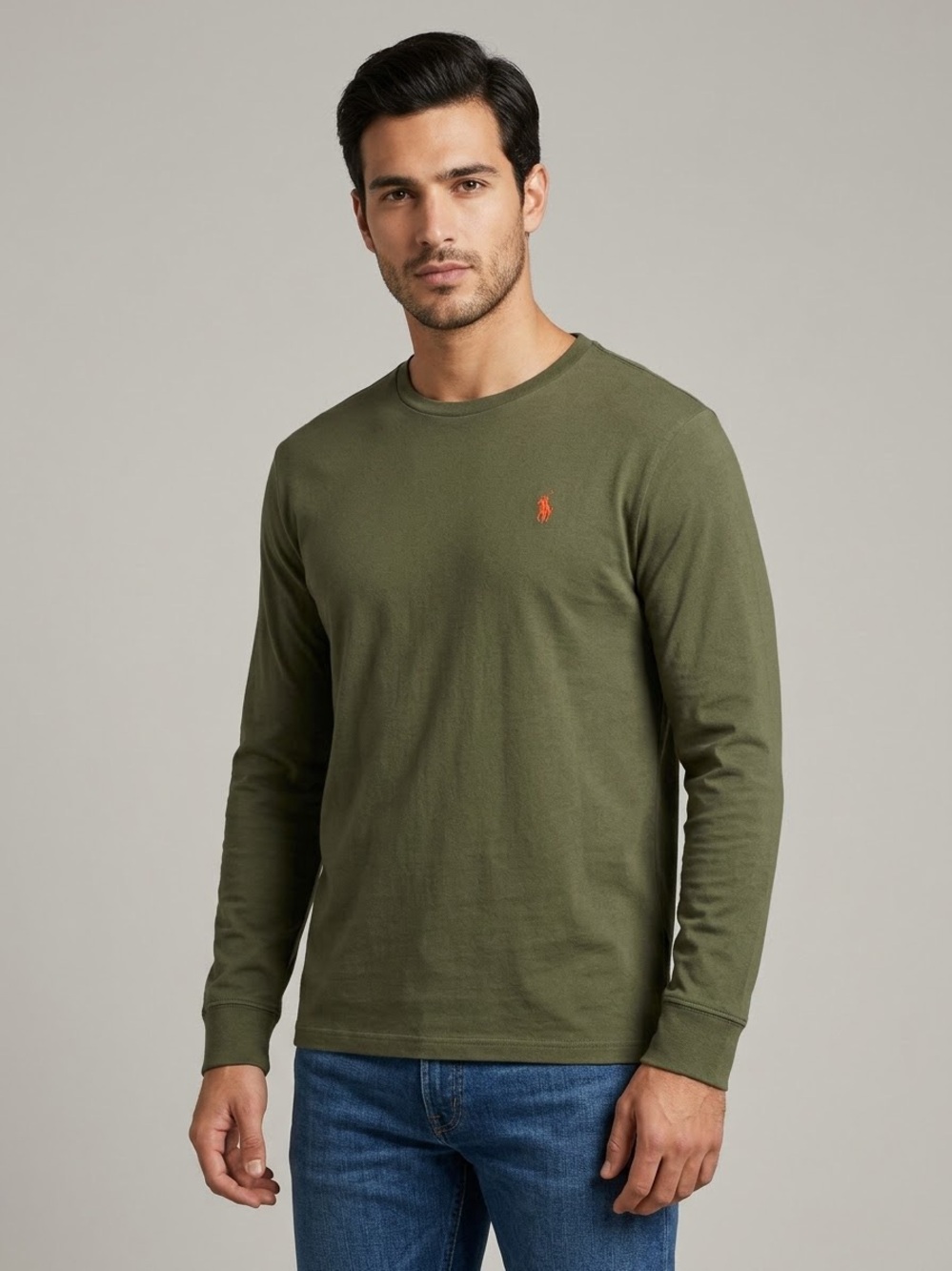 Polo by Ralph Lauren Olive Long Sleeve Crewneck with Orange Pony